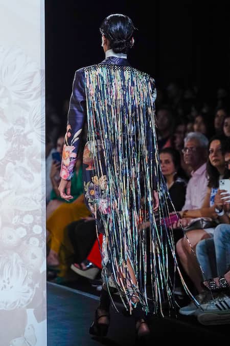 Shop Pankaj & Nidhi Black Satin, Silk Organza Fringe, Night Flower Printed Moon Blazer Skirt Set at Aza Fashions Shop_Pankaj & Nidhi_Black Satin, Silk Organza Fringe, Night Flower Printed Moon Blazer Skirt Set _at_Aza_Fashions