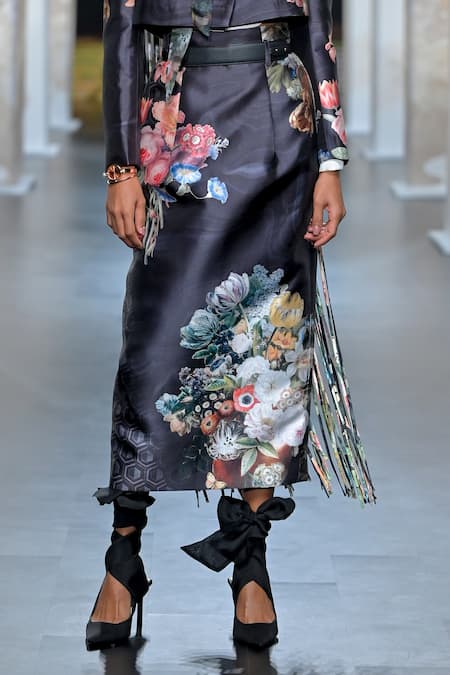 Pankaj & Nidhi Black Satin, Silk Organza Fringe, Night Flower Printed Moon Blazer Skirt Set Online at Aza Fashions Pankaj & Nidhi_Black Satin, Silk Organza Fringe, Night Flower Printed Moon Blazer Skirt Set _Online_at_Aza_Fashions