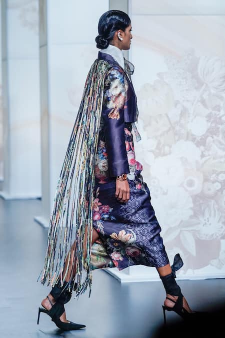 Buy Pankaj & Nidhi Black Satin, Silk Organza Fringe, Night Flower Printed Moon Blazer Skirt Set Online at Aza Fashions Buy_Pankaj & Nidhi_Black Satin, Silk Organza Fringe, Night Flower Printed Moon Blazer Skirt Set _Online_at_Aza_Fashions