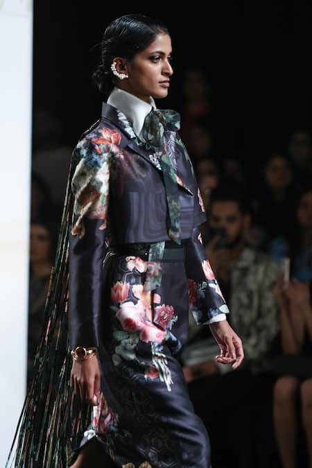 Shop Pankaj & Nidhi Black Satin, Silk Organza Fringe, Night Flower Printed Moon Blazer Skirt Set Online at Aza Fashions Shop_Pankaj & Nidhi_Black Satin, Silk Organza Fringe, Night Flower Printed Moon Blazer Skirt Set _Online_at_Aza_Fashions