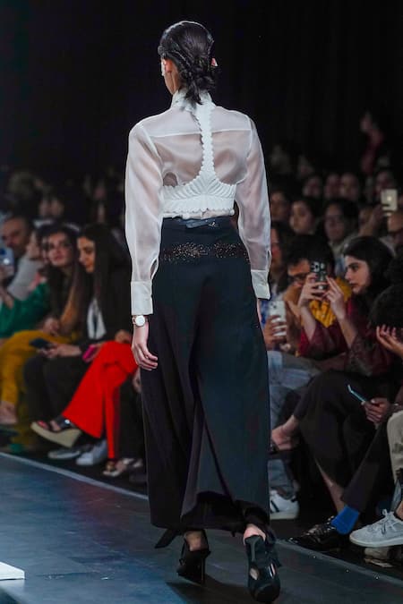 Shop_Pankaj & Nidhi_Ivory Crepe, Silk Organza, Satin Intaglio Engraved Embellished Harness Pant Set _at_Aza_Fashions