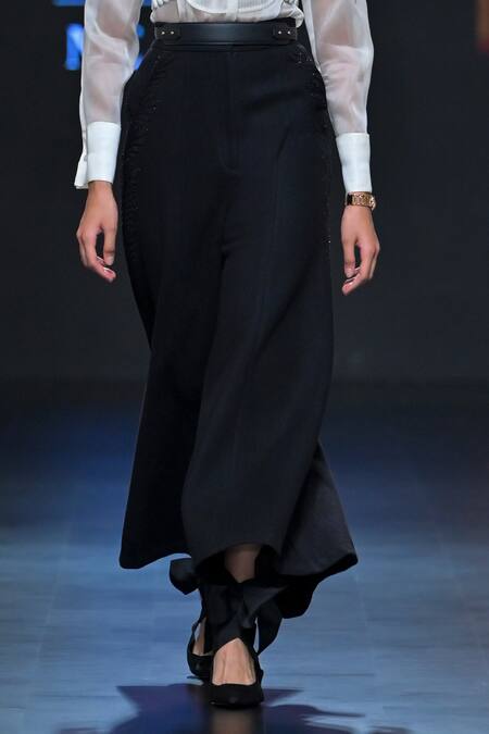 Pankaj & Nidhi_Ivory Crepe, Silk Organza, Satin Intaglio Engraved Embellished Harness Pant Set _Online_at_Aza_Fashions