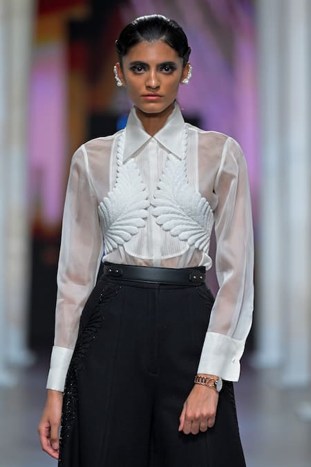 Buy_Pankaj & Nidhi_Ivory Crepe, Silk Organza, Satin Intaglio Engraved Embellished Harness Pant Set _Online_at_Aza_Fashions