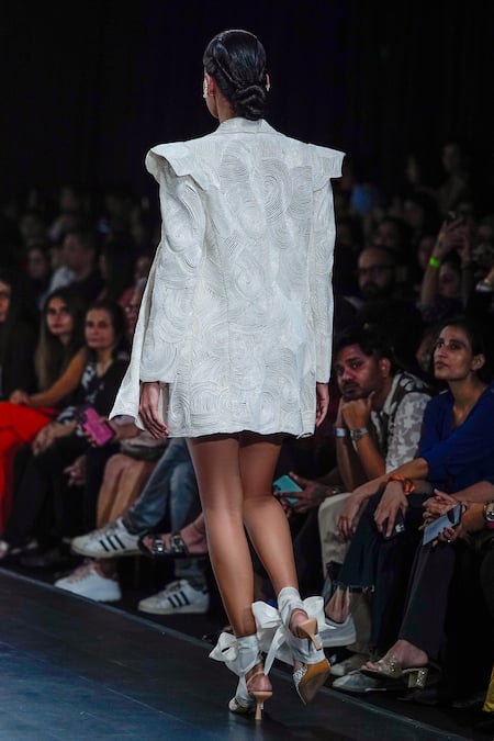 Shop_Pankaj & Nidhi_Ivory Satin, Tulle Swirling Sea Accordion Embellished Jacket And Bodysuit Set _at_Aza_Fashions