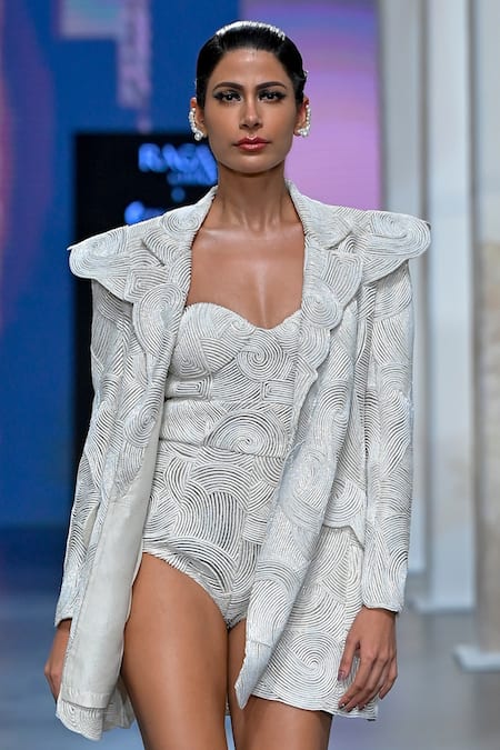 Pankaj & Nidhi_Ivory Satin, Tulle Swirling Sea Accordion Embellished Jacket And Bodysuit Set _Online_at_Aza_Fashions