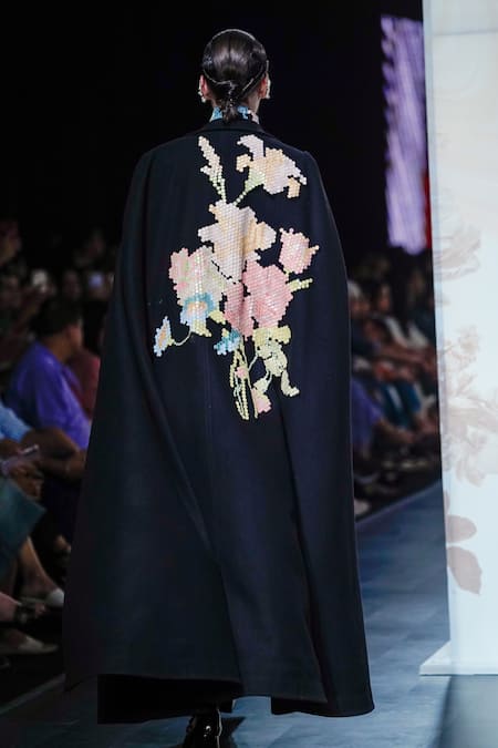 Shop Pankaj & Nidhi Black Hexa Rose Demi Goddess Embroidered Cape at Aza Fashions Shop_Pankaj & Nidhi_Black Hexa Rose Demi Goddess Embroidered Cape _at_Aza_Fashions