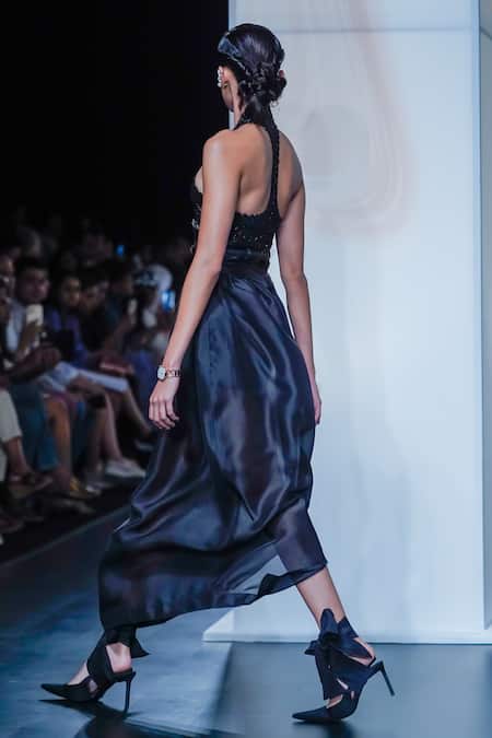 Shop_Pankaj & Nidhi_Black Organza, Silk Mayan Goddess Embellished Harness Crop Top With Cocoon Skirt _at_Aza_Fashions