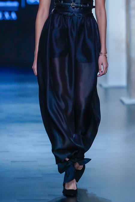 Pankaj & Nidhi_Black Organza, Silk Mayan Goddess Embellished Harness Crop Top With Cocoon Skirt _Online_at_Aza_Fashions