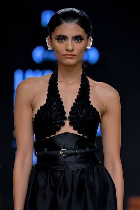 Buy_Pankaj & Nidhi_Black Organza, Silk Mayan Goddess Embellished Harness Crop Top With Cocoon Skirt _Online_at_Aza_Fashions