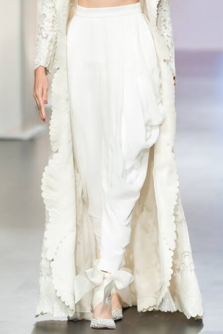 Pankaj & Nidhi_Ivory Silk Organza, Tulle, Silk, Lily Embellished Long Jacket Dhoti Set _Online_at_Aza_Fashions