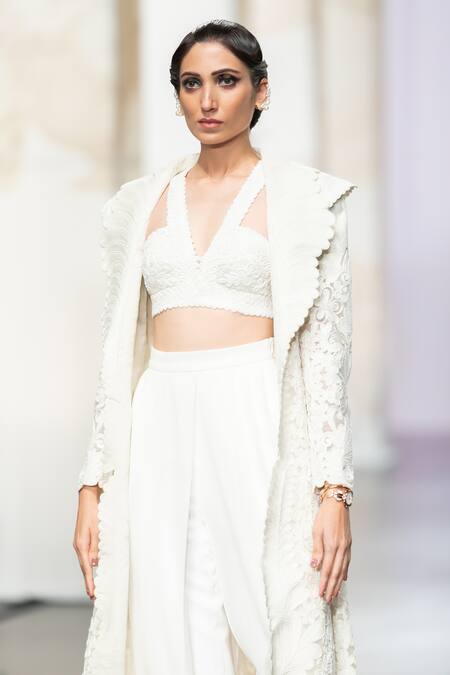 Buy_Pankaj & Nidhi_Ivory Silk Organza, Tulle, Silk, Lily Embellished Long Jacket Dhoti Set _Online_at_Aza_Fashions