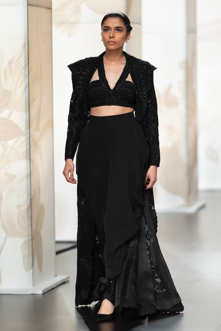 Pankaj & Nidhi Black Bustier Tulle Embellished Cut Dana Jacket Wide Long Dhoti Pant Set 