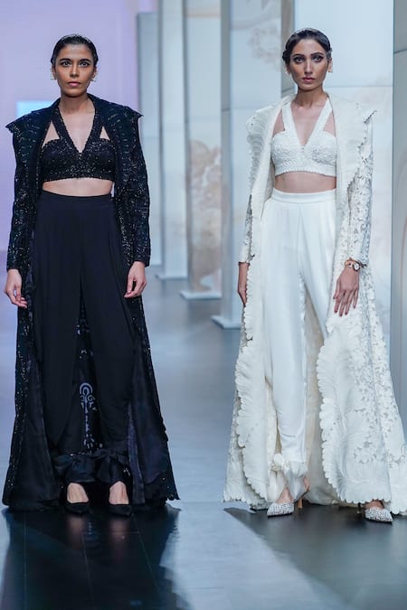 Pankaj & Nidhi Black Embellished Long Jacket Dhoti Pant Set 