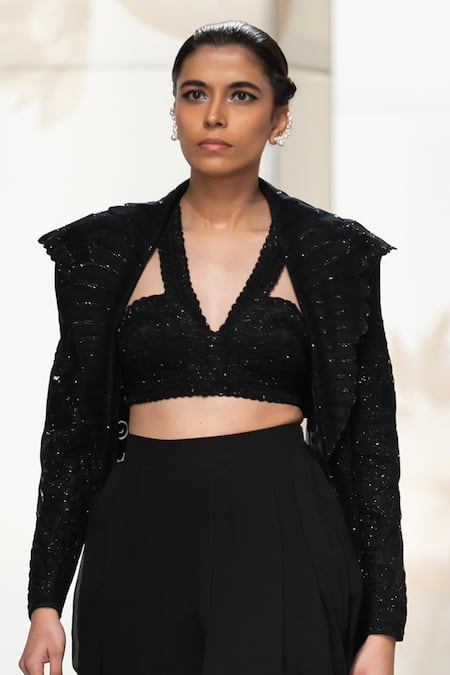 Buy_Pankaj & Nidhi_Black Tulle, Organza, Beads, Embellished Long Jacket Dhoti Pant Set _Online_at_Aza_Fashions