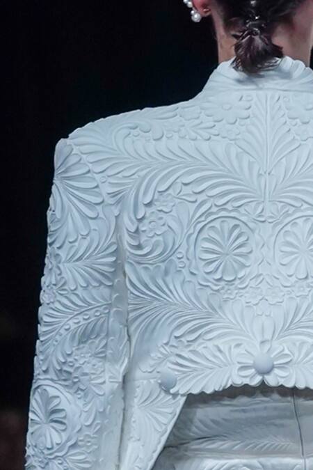 Buy_Pankaj & Nidhi_Ivory Satin, Silk Organza Ambrosia Engraved Applique Crop Bomber Jacket _Online_at_Aza_Fashions