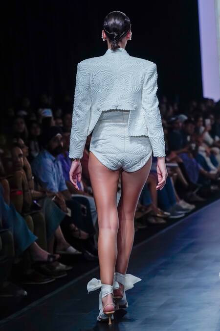 Shop_Pankaj & Nidhi_Ivory Silk Organza, Engraved Crop Bomber Jacket With Trapunto Quilted Bodysuit _at_Aza_Fashions