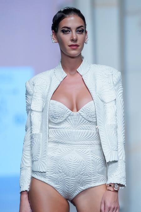 Pankaj & Nidhi_Ivory Silk Organza, Engraved Crop Bomber Jacket With Trapunto Quilted Bodysuit _Online_at_Aza_Fashions
