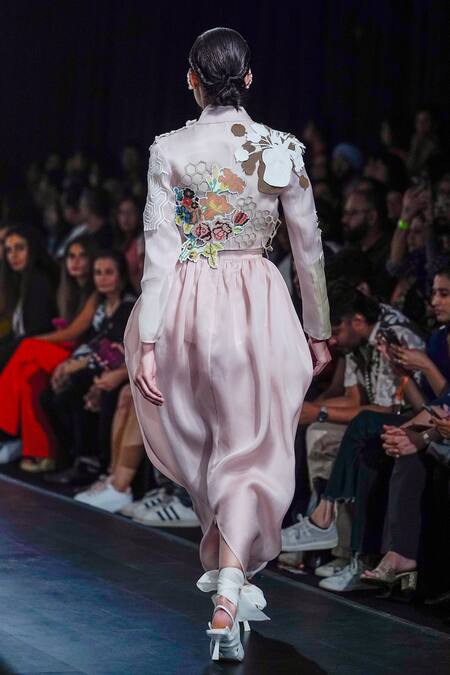 Shop_Pankaj & Nidhi_Pink Silk Organza Sequins, Embroidery Collage Fleur Applique Crop Jacket _at_Aza_Fashions