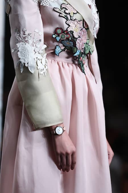 Pankaj & Nidhi_Pink Silk Organza Sequins, Embroidery Collage Fleur Applique Crop Jacket _Online_at_Aza_Fashions