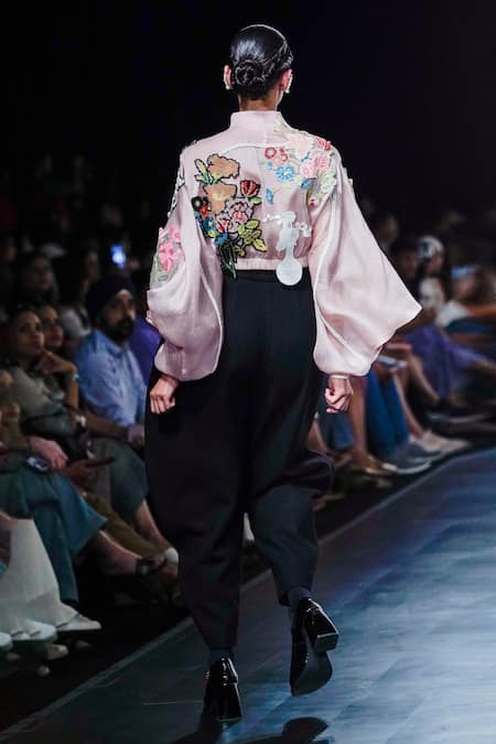 Shop_Pankaj & Nidhi_Pink Silk Organza Embroidery, Collage Applique Dakota Bomber Jacket With Inner _at_Aza_Fashions