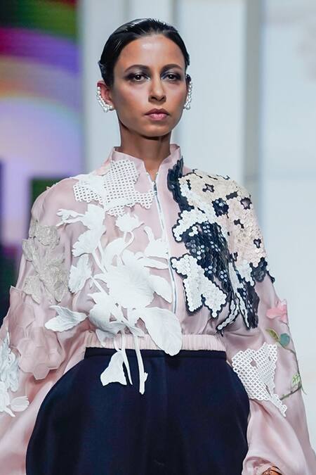 Pankaj & Nidhi_Pink Silk Organza Embroidery, Collage Applique Dakota Bomber Jacket With Inner _Online_at_Aza_Fashions