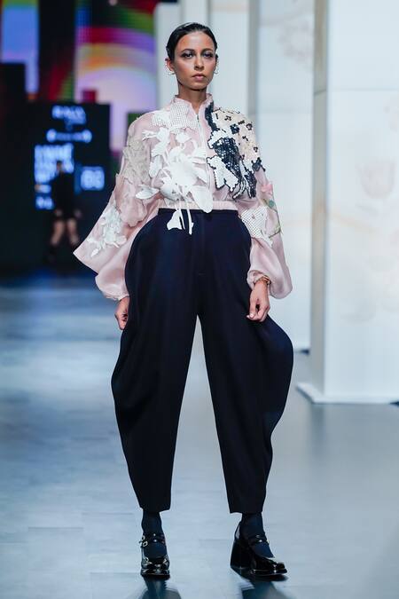 Buy_Pankaj & Nidhi_Pink Silk Organza Embroidery, Collage Applique Dakota Bomber Jacket With Inner _Online_at_Aza_Fashions