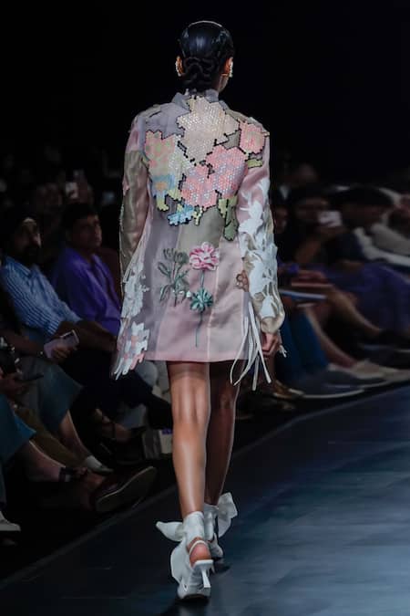 Shop_Pankaj & Nidhi_Pink Silk Organza Sequins, Fringe Shawl Alluring Honeycomb Fleur Applique Jacket _at_Aza_Fashions