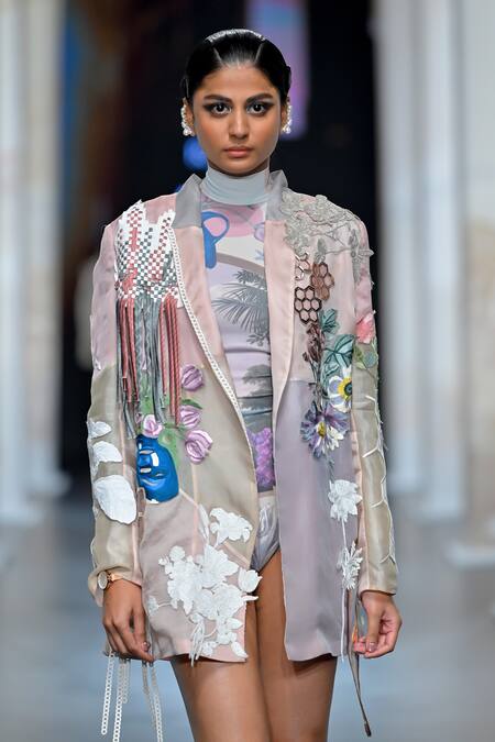 Pankaj & Nidhi_Pink Silk Organza Sequins, Fringe Shawl Alluring Honeycomb Fleur Applique Jacket _Online_at_Aza_Fashions