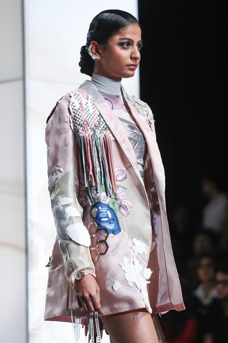 Buy_Pankaj & Nidhi_Pink Silk Organza Sequins, Fringe Shawl Alluring Honeycomb Fleur Applique Jacket _Online_at_Aza_Fashions