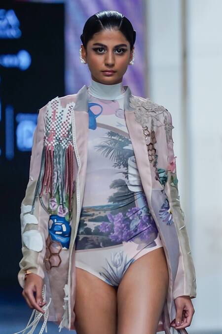 Pankaj & Nidhi_Pink Silk Organza Alluring Honeycomb Fleur Jacket With Tropical Print Bodysuit _Online_at_Aza_Fashions