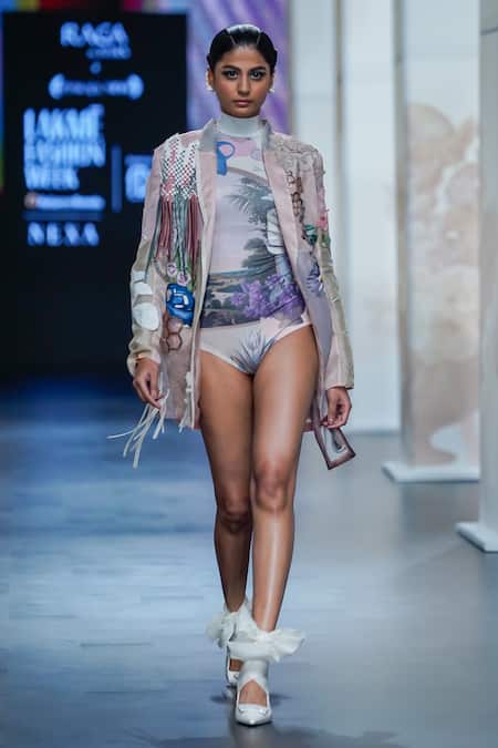 Buy_Pankaj & Nidhi_Pink Silk Organza Alluring Honeycomb Fleur Jacket With Tropical Print Bodysuit _Online_at_Aza_Fashions