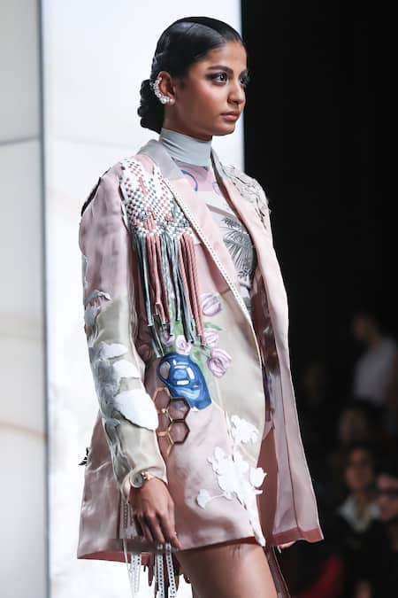 Shop_Pankaj & Nidhi_Pink Silk Organza Alluring Honeycomb Fleur Jacket With Tropical Print Bodysuit _Online_at_Aza_Fashions