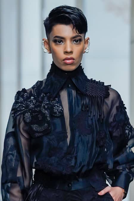 Pankaj & Nidhi_Black Silk Organza Knight Musk Rose Fleur Applique Crop Bomber Jacket With Inner _Online_at_Aza_Fashions