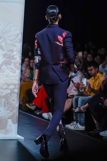 Shop_Pankaj & Nidhi_Black Crepe Embroidery Magnified Still Life Blossom Print Blazer With Pant _at_Aza_Fashions