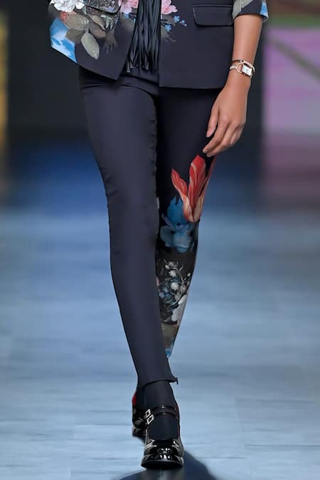 Pankaj & Nidhi_Black Crepe Embroidery Magnified Still Life Blossom Print Blazer With Pant _Online_at_Aza_Fashions