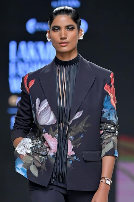 Buy_Pankaj & Nidhi_Black Crepe Embroidery Magnified Still Life Blossom Print Blazer With Pant _Online_at_Aza_Fashions