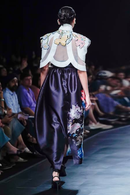 Shop Pankaj & Nidhi Black Satin Pixilated Floral Print Cocoon Skirt at Aza Fashions Shop_Pankaj & Nidhi_Black Satin Pixilated Floral Print Cocoon Skirt _at_Aza_Fashions