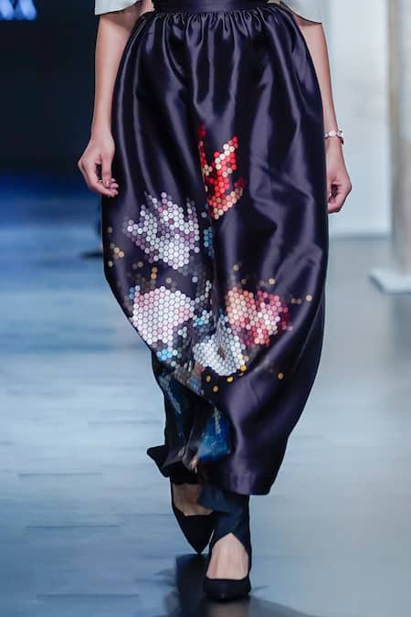 Pankaj & Nidhi Black Satin Pixilated Floral Print Cocoon Skirt Online at Aza Fashions Pankaj & Nidhi_Black Satin Pixilated Floral Print Cocoon Skirt _Online_at_Aza_Fashions