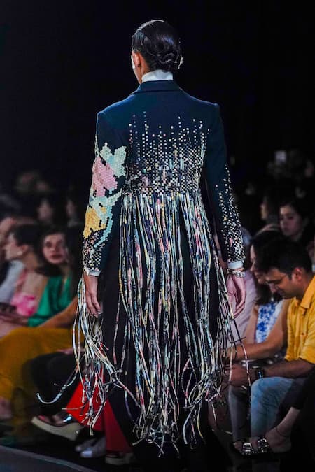 Shop_Pankaj & Nidhi_Blue Wool Embroidery, Tassels Collared Staccato Fringe In Motion Jacket _at_Aza_Fashions