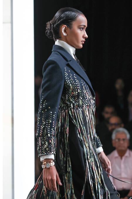 Pankaj & Nidhi_Blue Wool Embroidery, Tassels Collared Staccato Fringe In Motion Jacket _Online_at_Aza_Fashions
