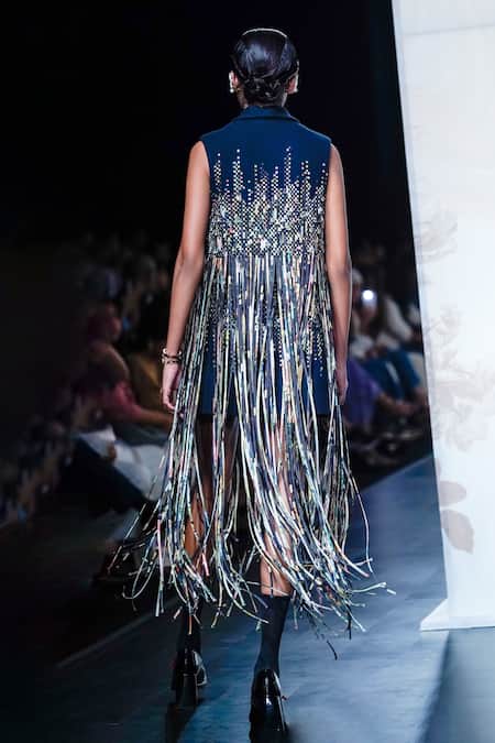 Shop_Pankaj & Nidhi_Blue Wool Fringe Shawl Neck Staccato In Motion Gilet Blazer Dress With Belt _at_Aza_Fashions