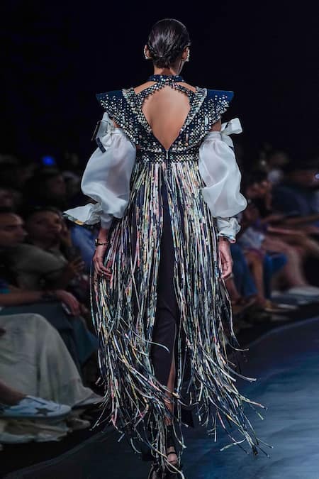 Shop_Pankaj & Nidhi_Blue Wool, Crepe Fringe Halter Neck Staccato Samurai Jacket Skirt Set _at_Aza_Fashions