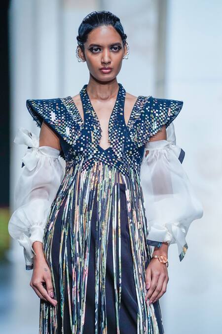 Pankaj & Nidhi_Blue Wool, Crepe Fringe Halter Neck Staccato Samurai Jacket Skirt Set _Online_at_Aza_Fashions