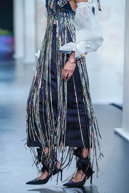 Buy_Pankaj & Nidhi_Blue Wool, Crepe Fringe Halter Neck Staccato Samurai Jacket Skirt Set _Online_at_Aza_Fashions