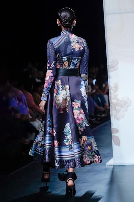 Shop_Pankaj & Nidhi_Black Jersey, Twill Embroidery Turtle Noire Flower Garden Print Top Skirt Set _at_Aza_Fashions