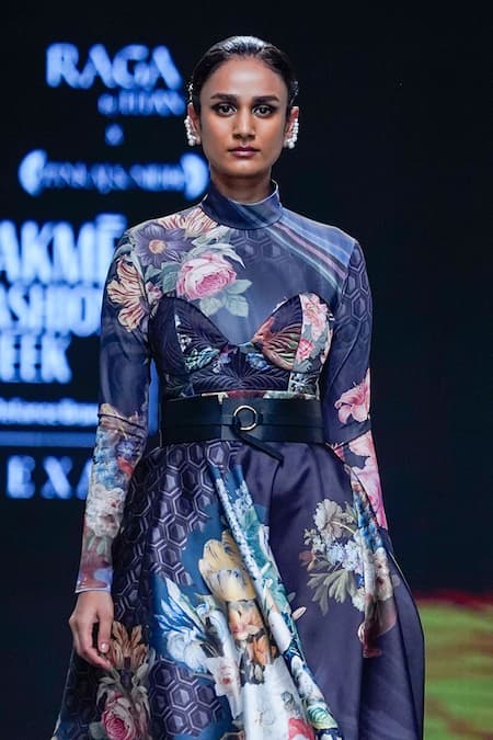 Buy_Pankaj & Nidhi_Black Jersey, Twill Embroidery Turtle Noire Flower Garden Print Top Skirt Set _Online_at_Aza_Fashions