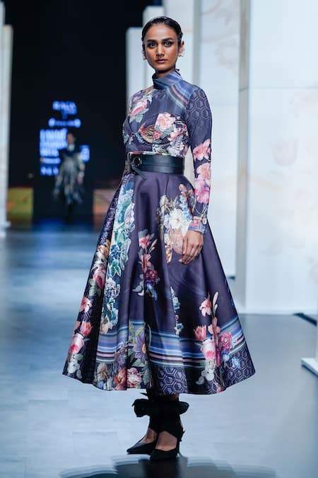 Shop_Pankaj & Nidhi_Black Jersey, Twill Embroidery Turtle Noire Flower Garden Print Top Skirt Set _Online_at_Aza_Fashions