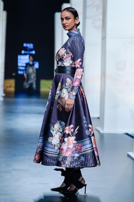 Pankaj & Nidhi_Black Jersey, Twill Embroidery Turtle Noire Flower Garden Print Top Skirt Set _at_Aza_Fashions