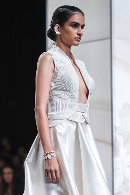 Buy Pankaj & Nidhi Ivory Silk Organza, Satin Warrior Goddess Embellished Jacket And Skirt Set Online at Aza Fashions Buy_Pankaj & Nidhi_Ivory Silk Organza, Satin Warrior Goddess Embellished Jacket And Skirt Set _Online_at_Aza_Fashions