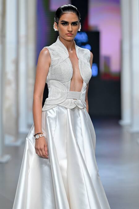 Shop Pankaj & Nidhi Ivory Silk Organza, Satin Warrior Goddess Embellished Jacket And Skirt Set Online at Aza Fashions Shop_Pankaj & Nidhi_Ivory Silk Organza, Satin Warrior Goddess Embellished Jacket And Skirt Set _Online_at_Aza_Fashions